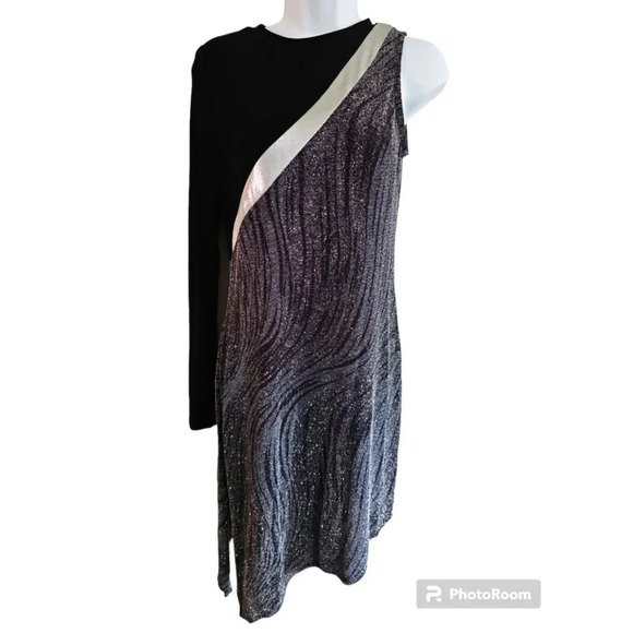 Style Plus Large Silver Black Sparkly Asymmetrical 90s Dance Performance Dress - Picture 2 of 7